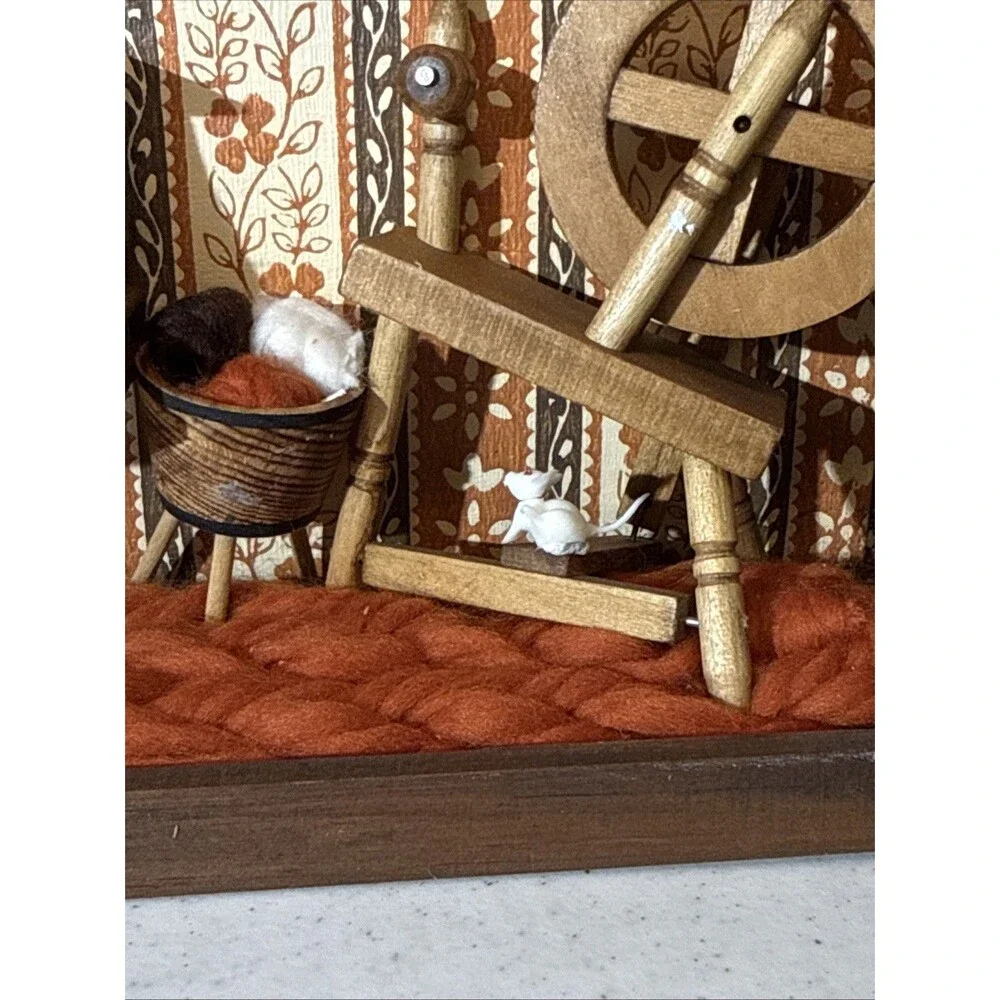 Vintage Corn Husk Doll Shadow Box Diorama Folk Art 1970s Cottage Core Farmhouse